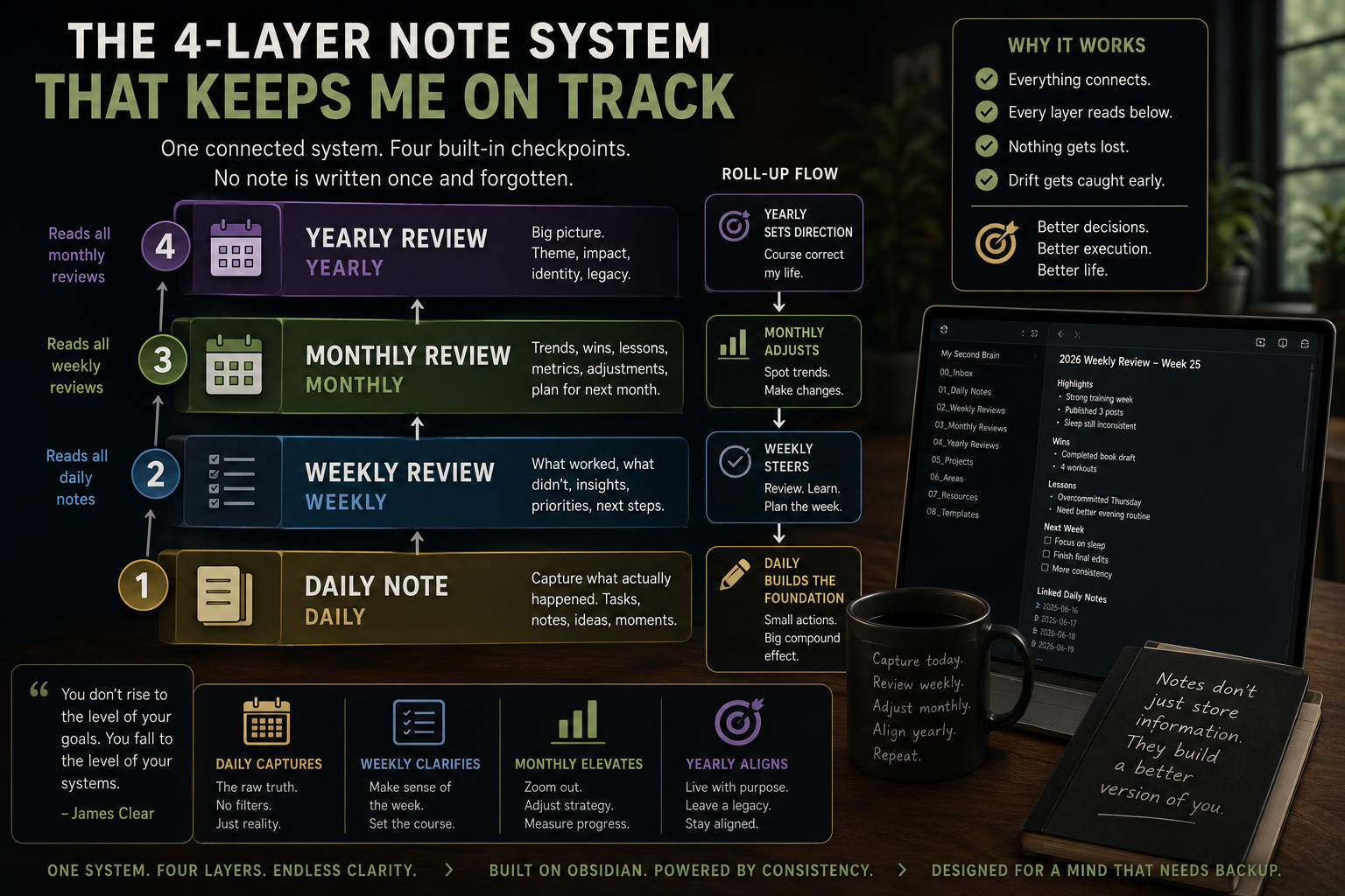 How my note system rolls daily notes up into weekly, monthly, and yearly reviews using GAP and WARP