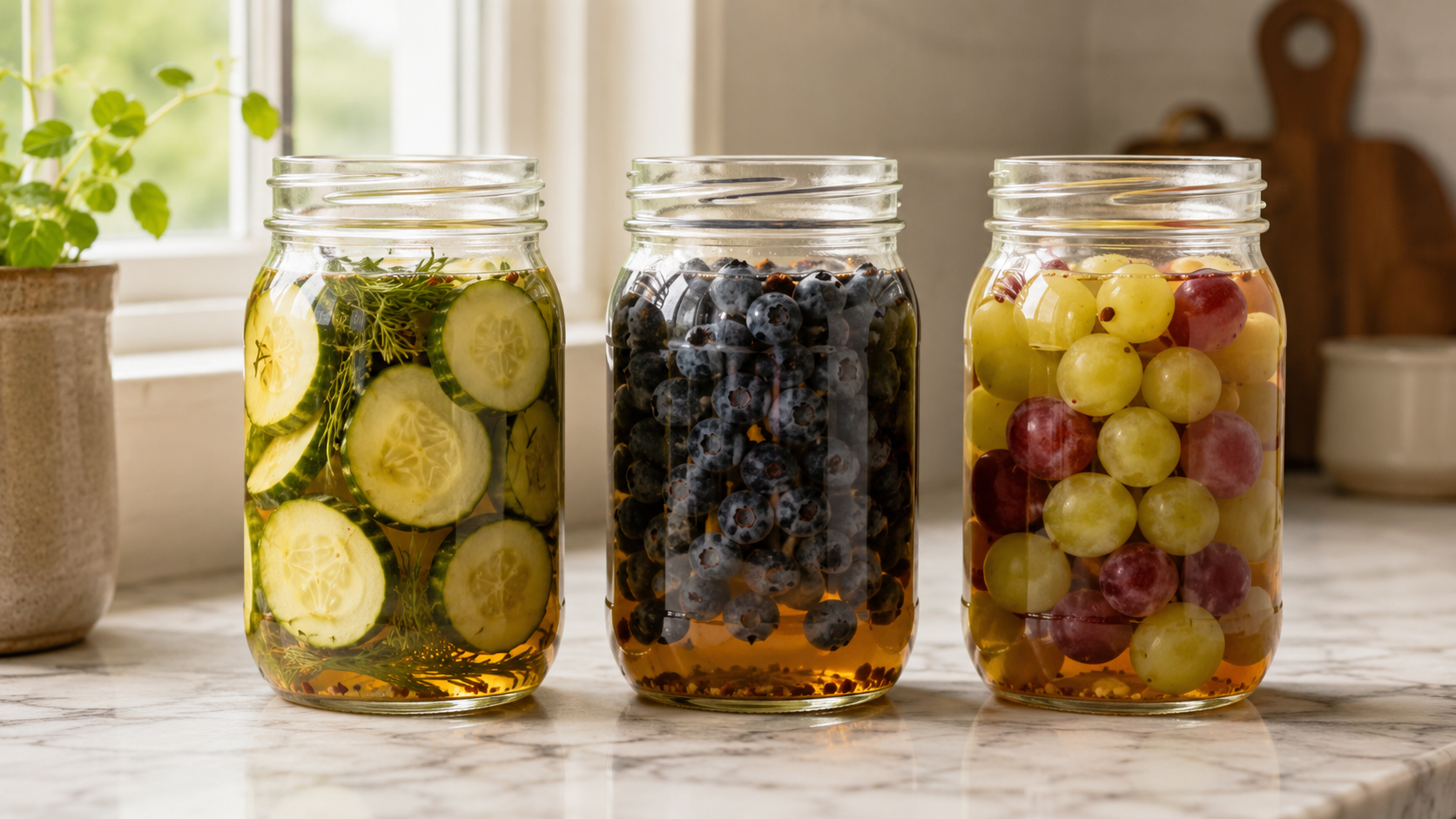 Pickling experiment jars with pickled grapes, blueberries, and cucumbers.